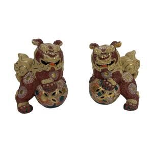 2 Vintage Kutani Gold & Red Japanese Okinawan Shisa Guardian Lion Foo Dog Statue